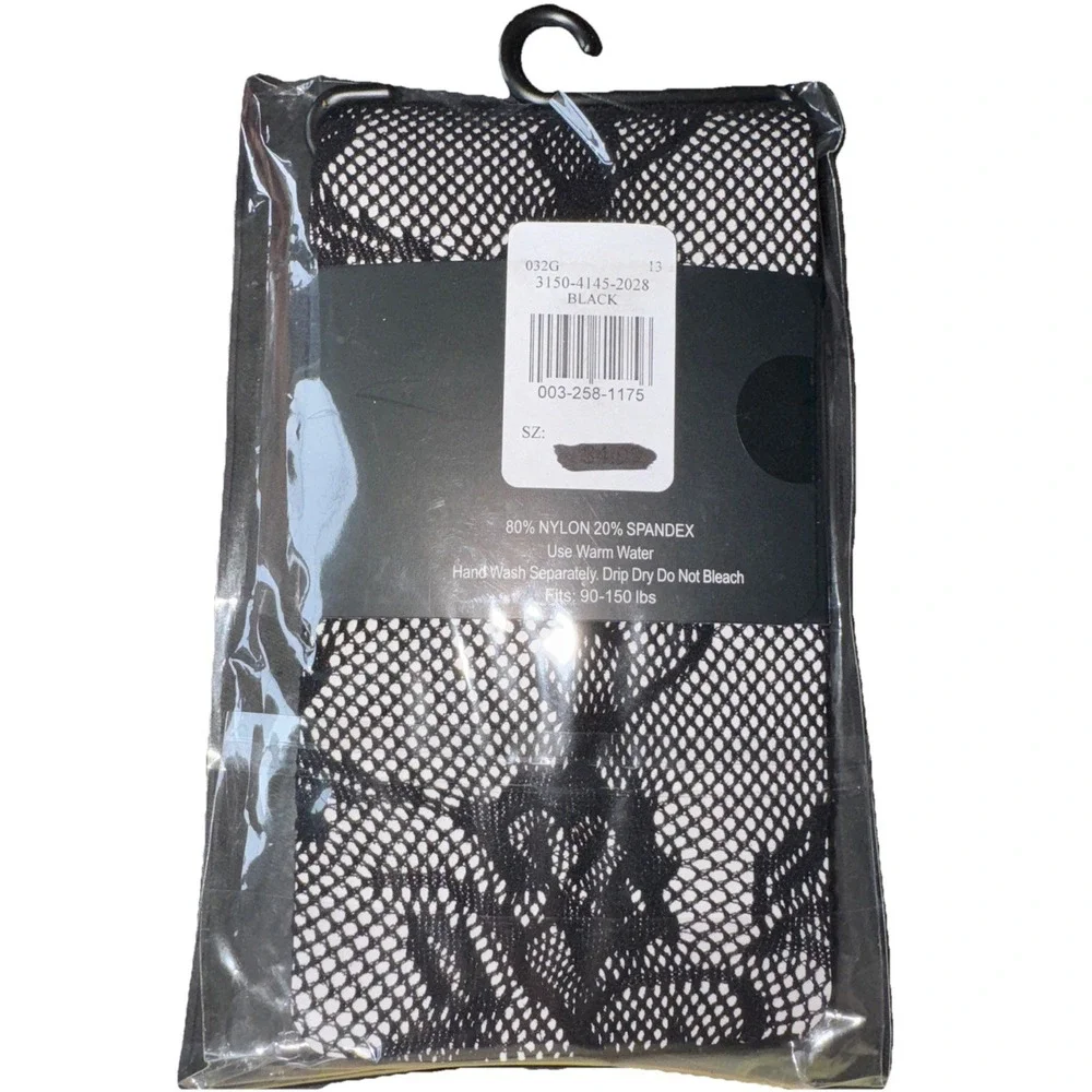 Footed Tights Pantyhose Black Fishnet Floral OSFA 90-150 lbs Goth Dark Fairy